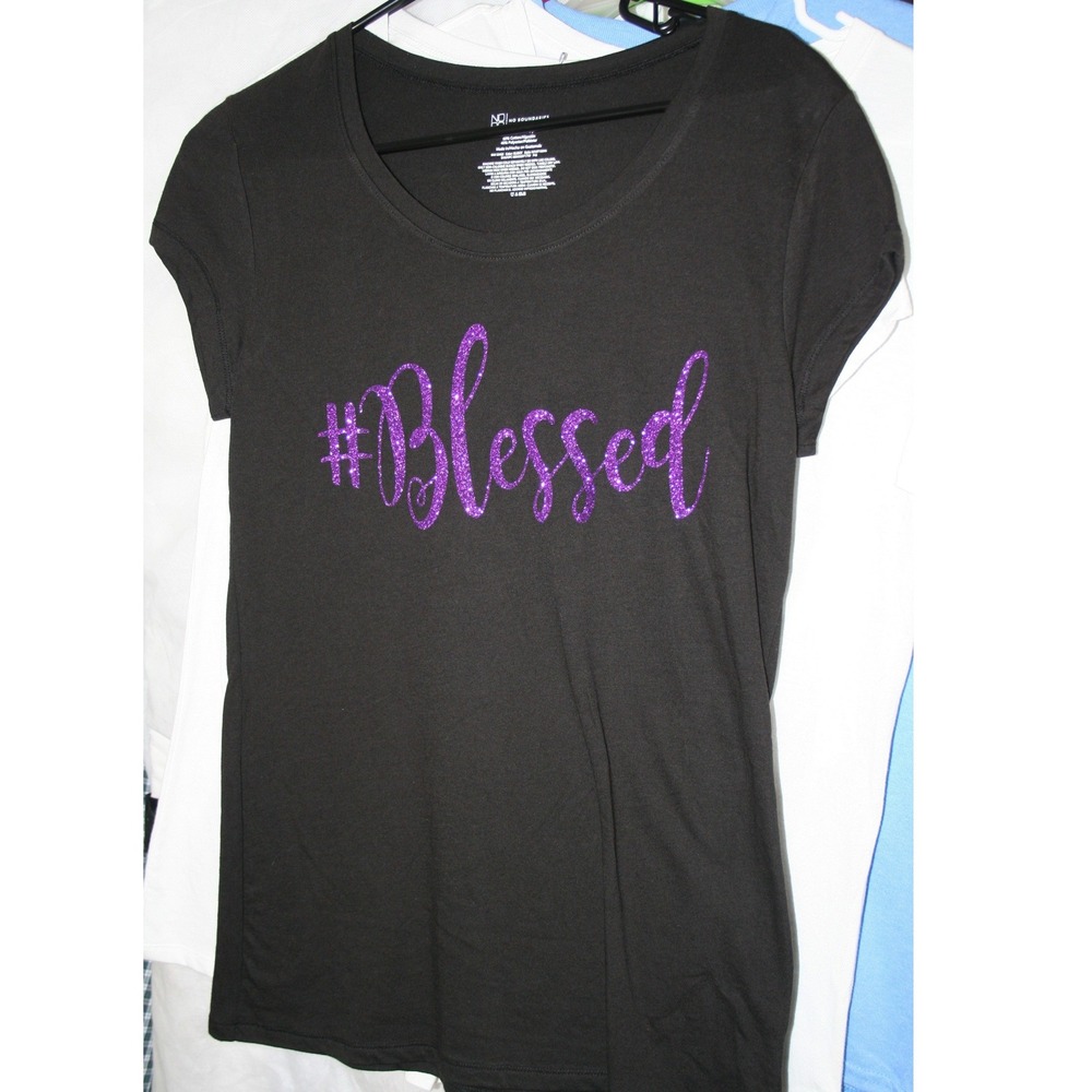 No Boundaries Womens Black Blessed Purple Glitter Graphic Tee Shirt L 11-13